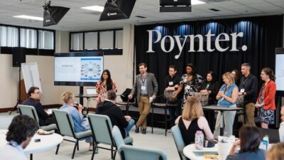 Members of the team that created an AI tool called Omni present their idea to a panel of judges at Poynter's Summit on AI, Ethics and Journalism in June. Six teams participated in a "hackathon" to create new products that used AI ethically. Credit: Alex Smyntyna/Poynter.