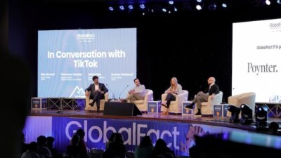 Representatives from TikTok appear on a panel at GlobalFact 11 to discuss the platform's relationship with fact-checkers. Credit: Vanja Čerimagić