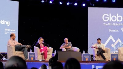 From left, European Fact-Checking Standards Network chair Carlos Hernández-Echevarría,  Lupa CEO Natália Leal,  Deutsche Presse-Agentur head of verification Stefan Voss, and Newschecker founder Rajneil Kamath speak on a panel about YouTube and fact-checking during the second day of GlobalFact 11, the International Fact-Checking Network's conference in Sarajevo, on June 27, 2024. (Photo: Vanja Čerimagić)